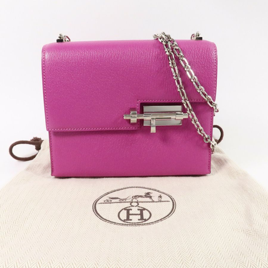 HERMES Chevre皮革Verrou Mini鏈帶肩背袋Rose Purple-9