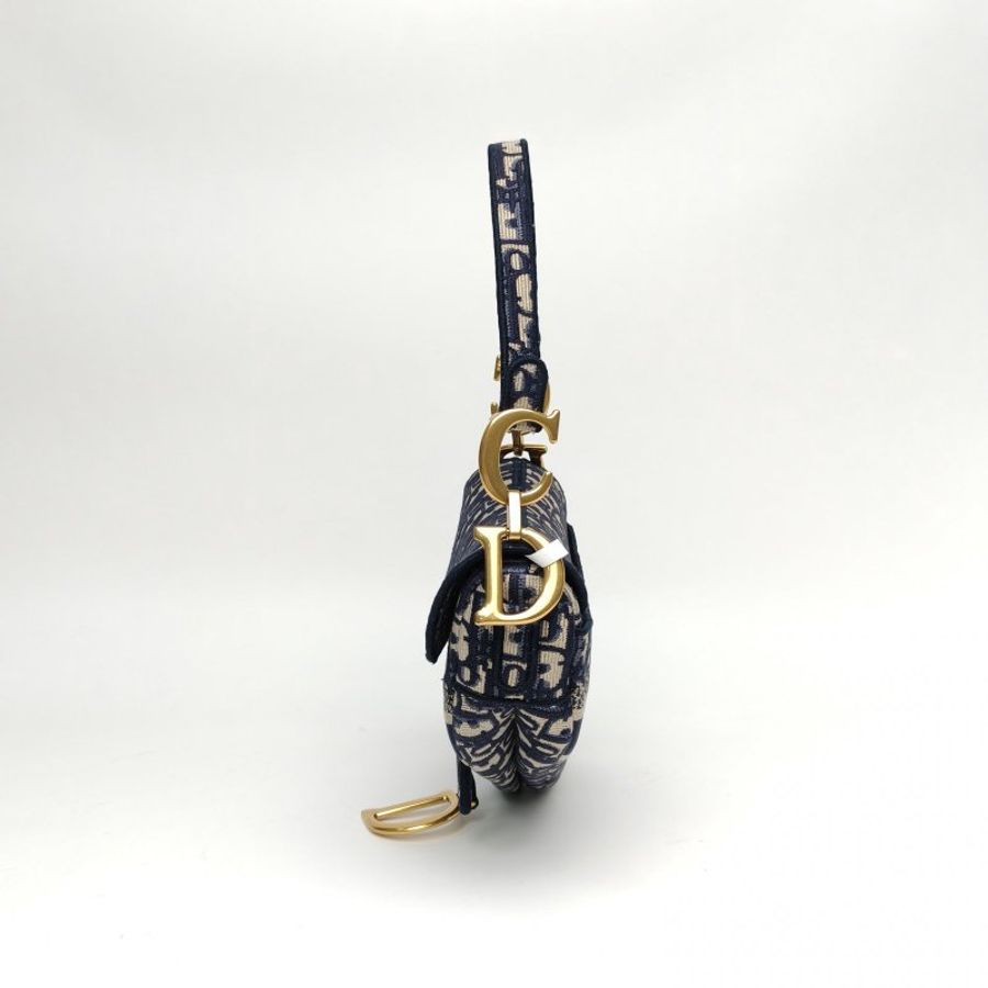 DIOR SADDLE馬鞍中號藍色帆布金扣印花字母刺繡肩背包-1