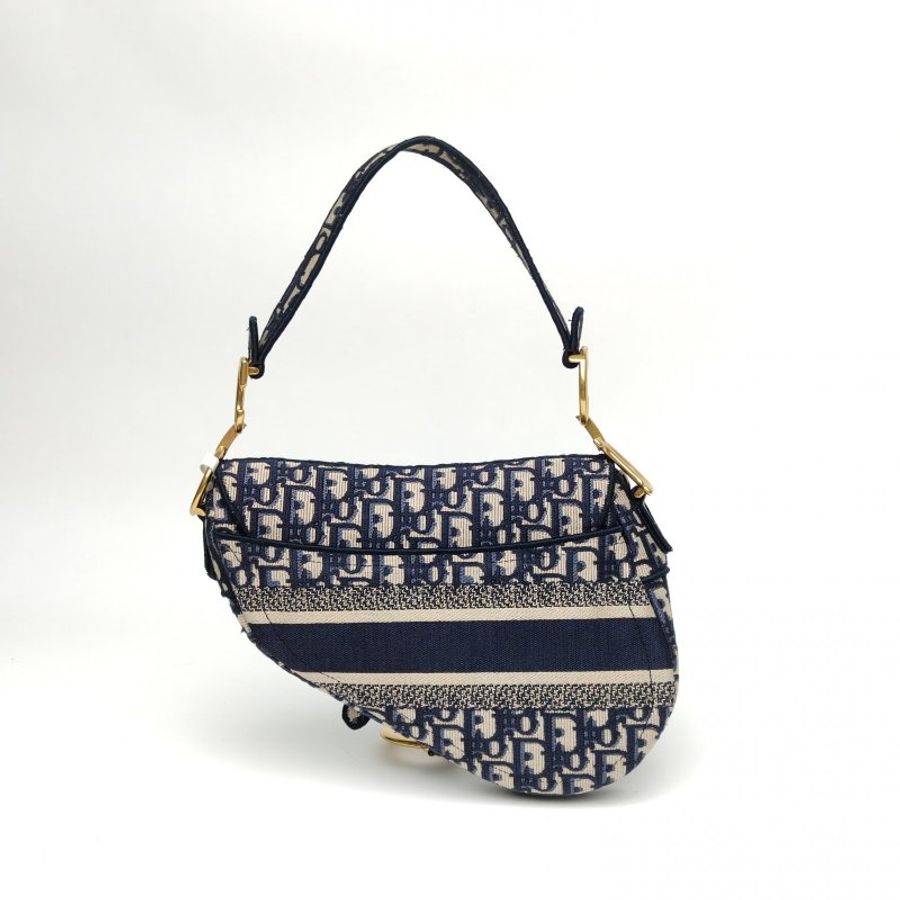 DIOR SADDLE馬鞍中號藍色帆布金扣印花字母刺繡肩背包-2