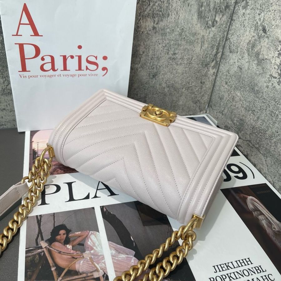 Chanel leboy 金屬logo字母鏈條包 淡粉色 25cm中號-2