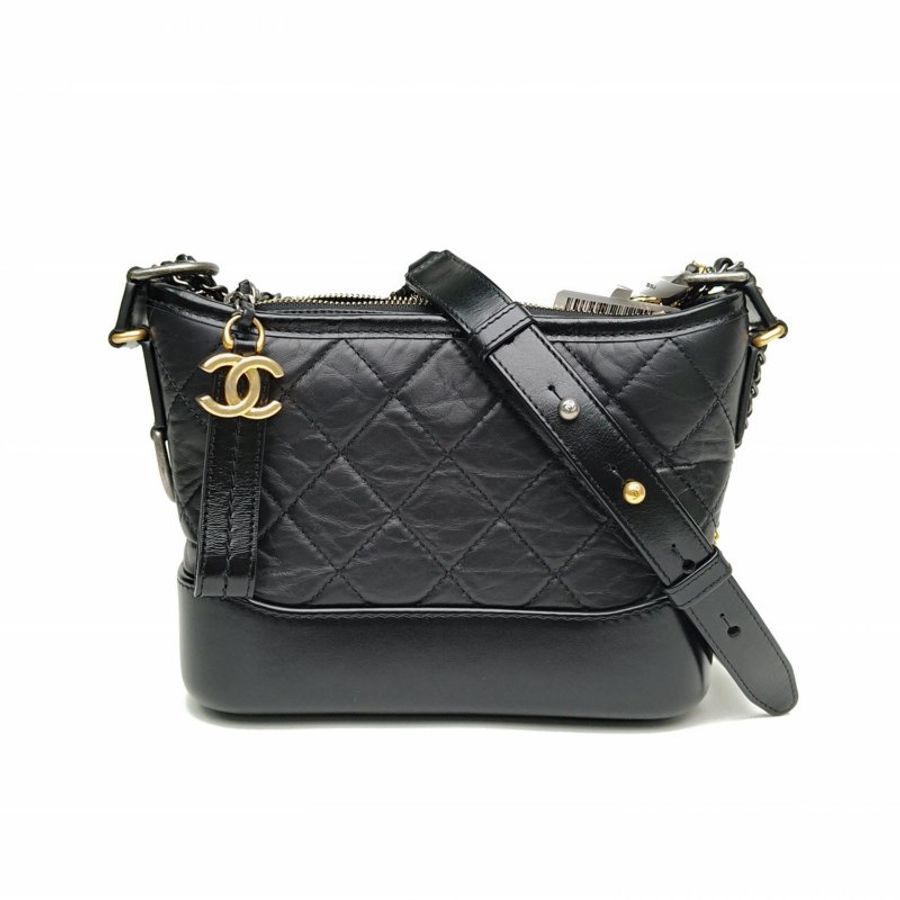 CHANEL GABRIELLE流浪小號黑色牛皮晶片金扣肩背包-0