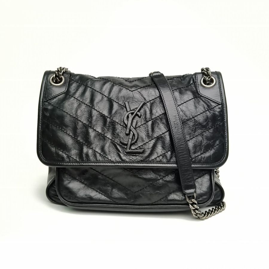 SAINT LAURENT Niki中號D扣黑色牛皮銀扣肩背包-0