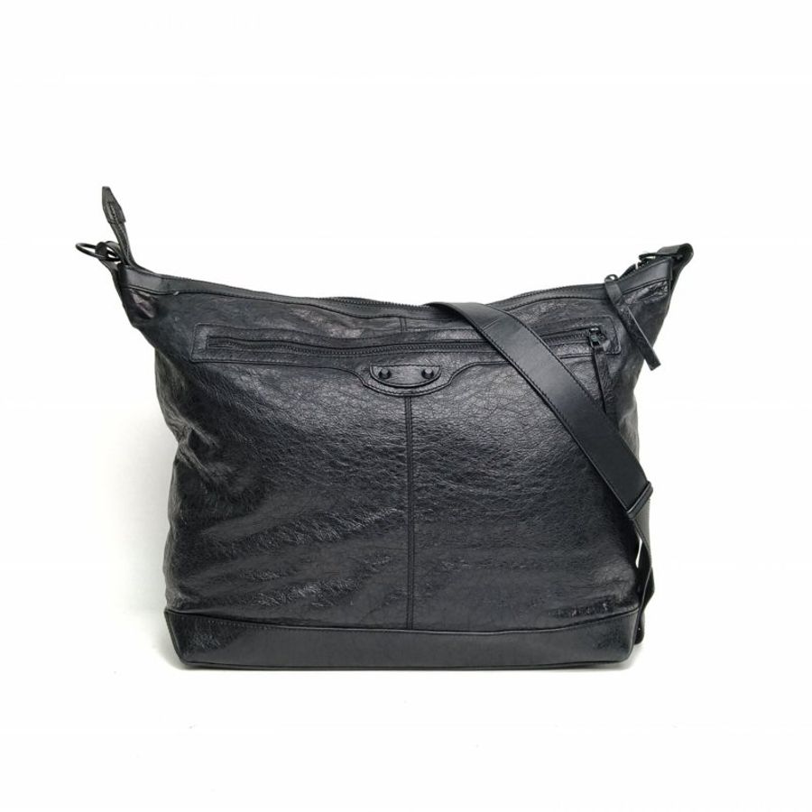 BALENCIAGA 黑色牛皮黑扣機車郵差斜挎單肩包肩背包-0