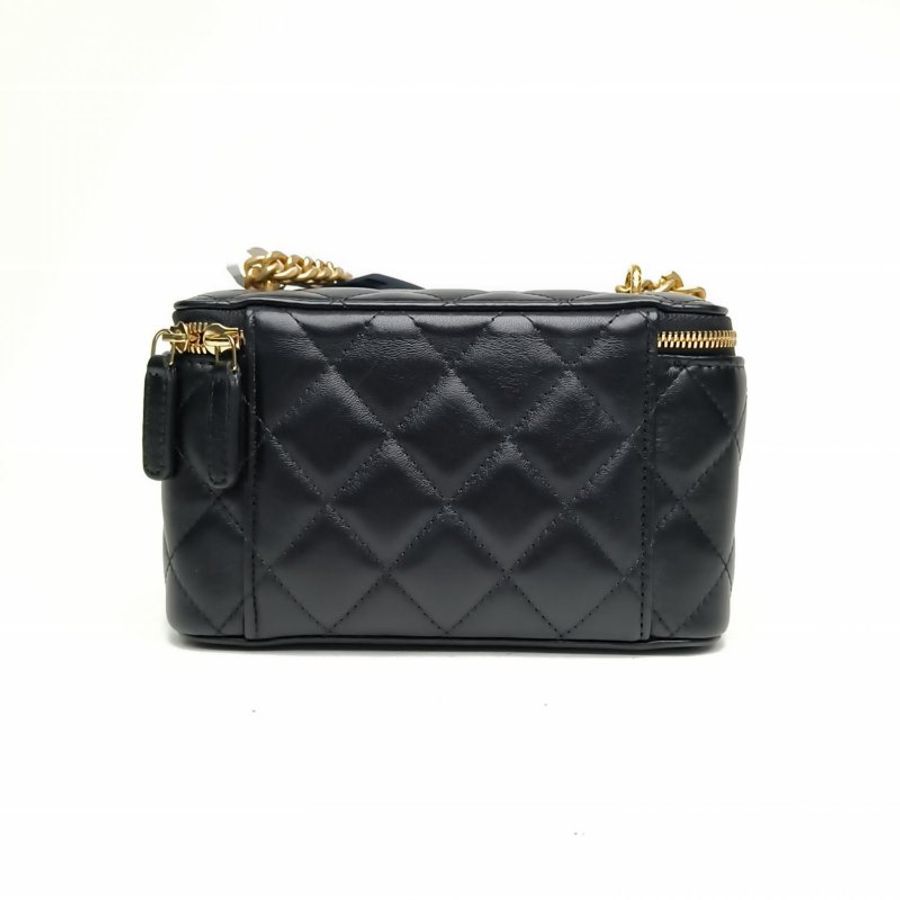 CHANEL 黑色羊皮金扣23B金柱黑金化妝盒斜挎包肩背包-2