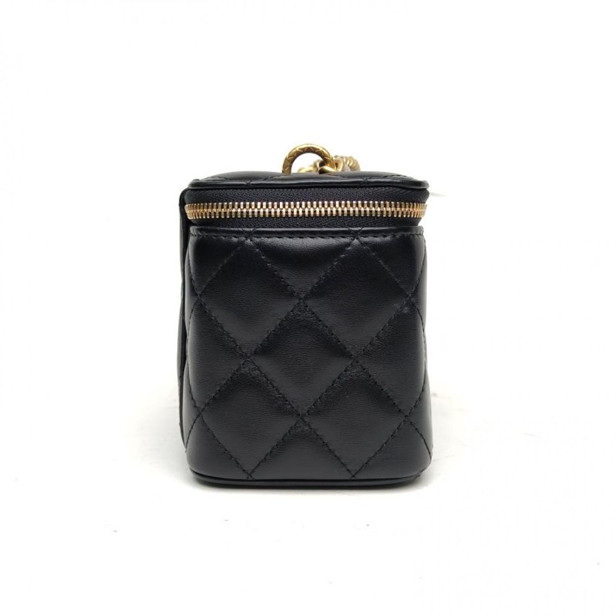CHANEL 黑色羊皮金扣23B金柱黑金化妝盒斜挎包肩背包-3