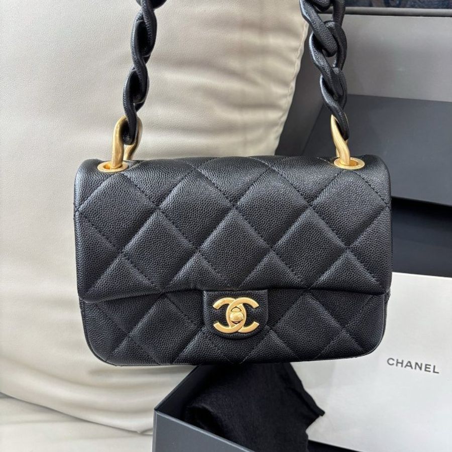 近新品 香奈兒/Chanel 黑金荔枝皮粗鏈條方胖子 芯片款-0