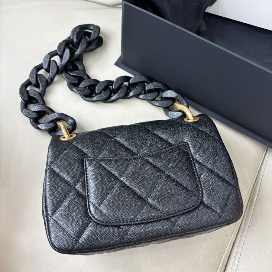 近新品 香奈兒/Chanel 黑金荔枝皮粗鏈條方胖子 芯片款-1