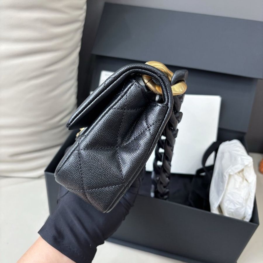 近新品 香奈兒/Chanel 黑金荔枝皮粗鏈條方胖子 芯片款-2