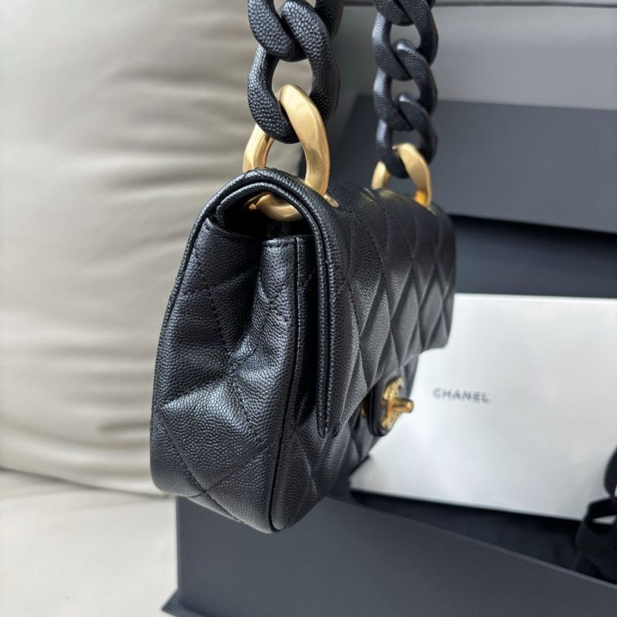 近新品 香奈兒/Chanel 黑金荔枝皮粗鏈條方胖子 芯片款-3