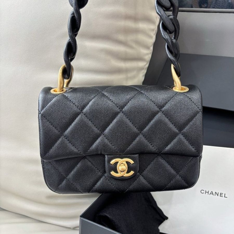 近新品 香奈兒/Chanel 黑金荔枝皮粗鏈條方胖子 芯片款-5