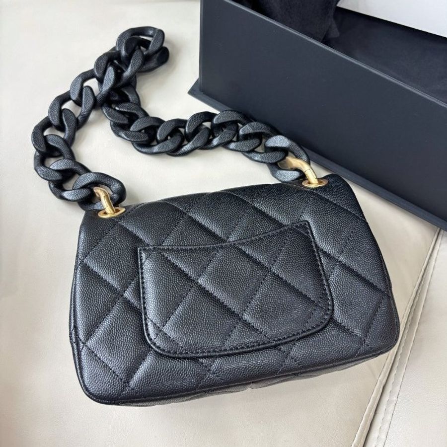 近新品 香奈兒/Chanel 黑金荔枝皮粗鏈條方胖子 芯片款-6