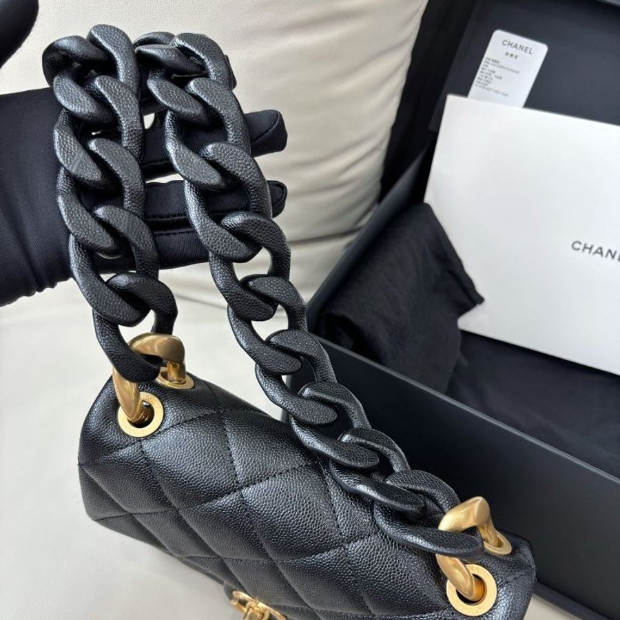 近新品 香奈兒/Chanel 黑金荔枝皮粗鏈條方胖子 芯片款-9