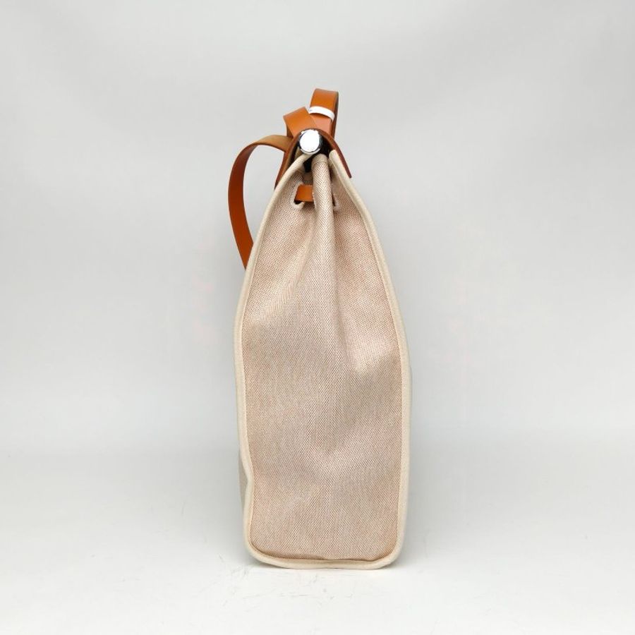 HERMES Herbag39米色拼金棕色框C銀扣肩背包-3