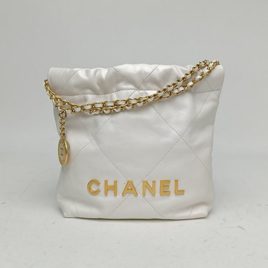 CHANEL 22BagTote托特包Mini白色牛皮晶片金扣肩背包-0