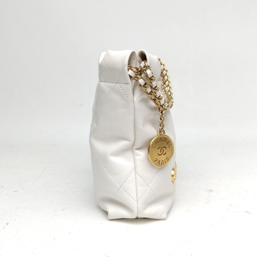 CHANEL 22BagTote托特包Mini白色牛皮晶片金扣肩背包-3