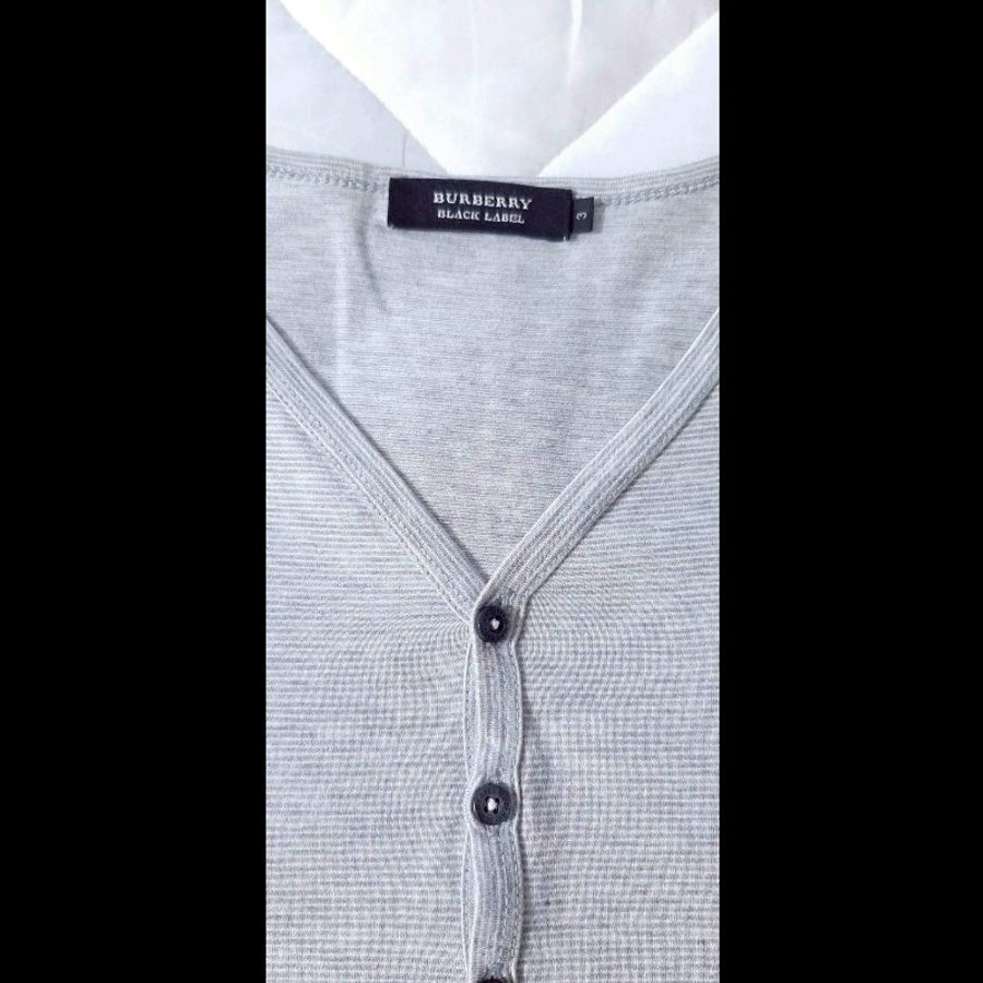 (日本製MIJ)絕版BURBERRY 博柏利 BLACK LABEL 燙印大戰馬 男灰色細條紋亨利領長袖上衣3號-6