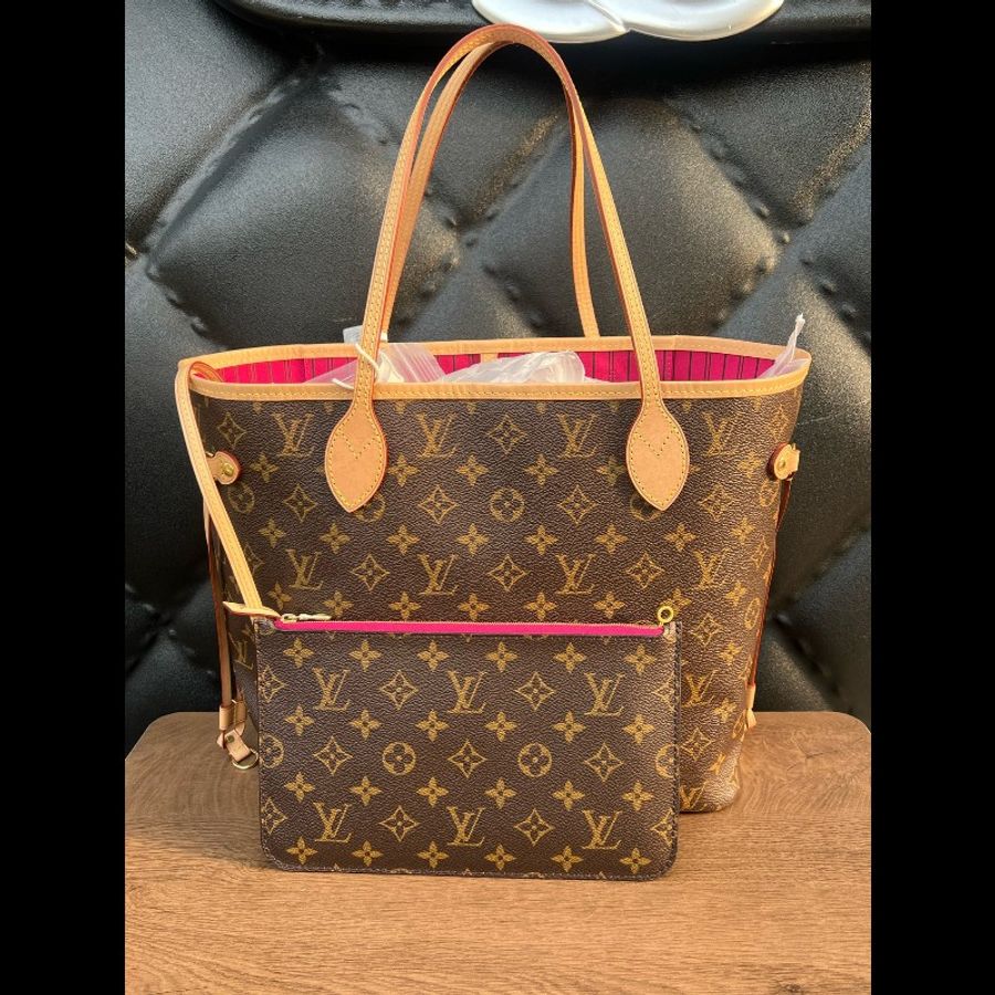 LV 路易威登 Neverfull 中號 玫紅內裡 晶片款 NF Tote包
購物袋 單肩手提包-0