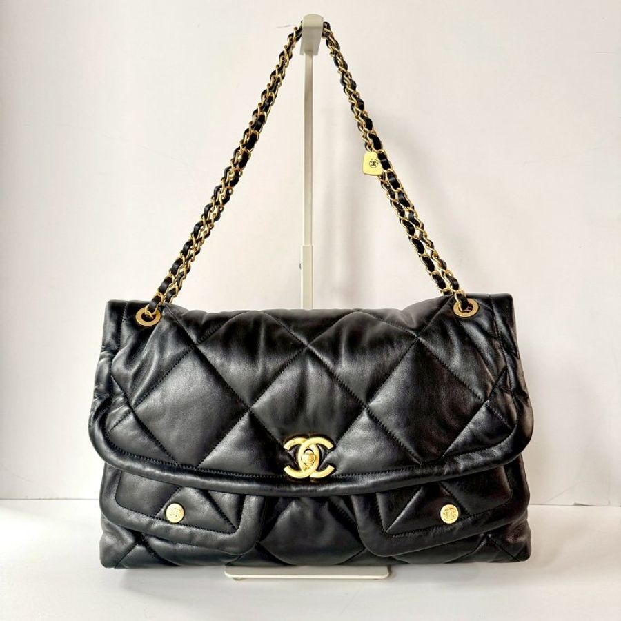 CHANEL 25k 黑色 金鏈 小羊皮 雙口袋 菱格紋 大型 HOBO 肩背包 AS5727-0