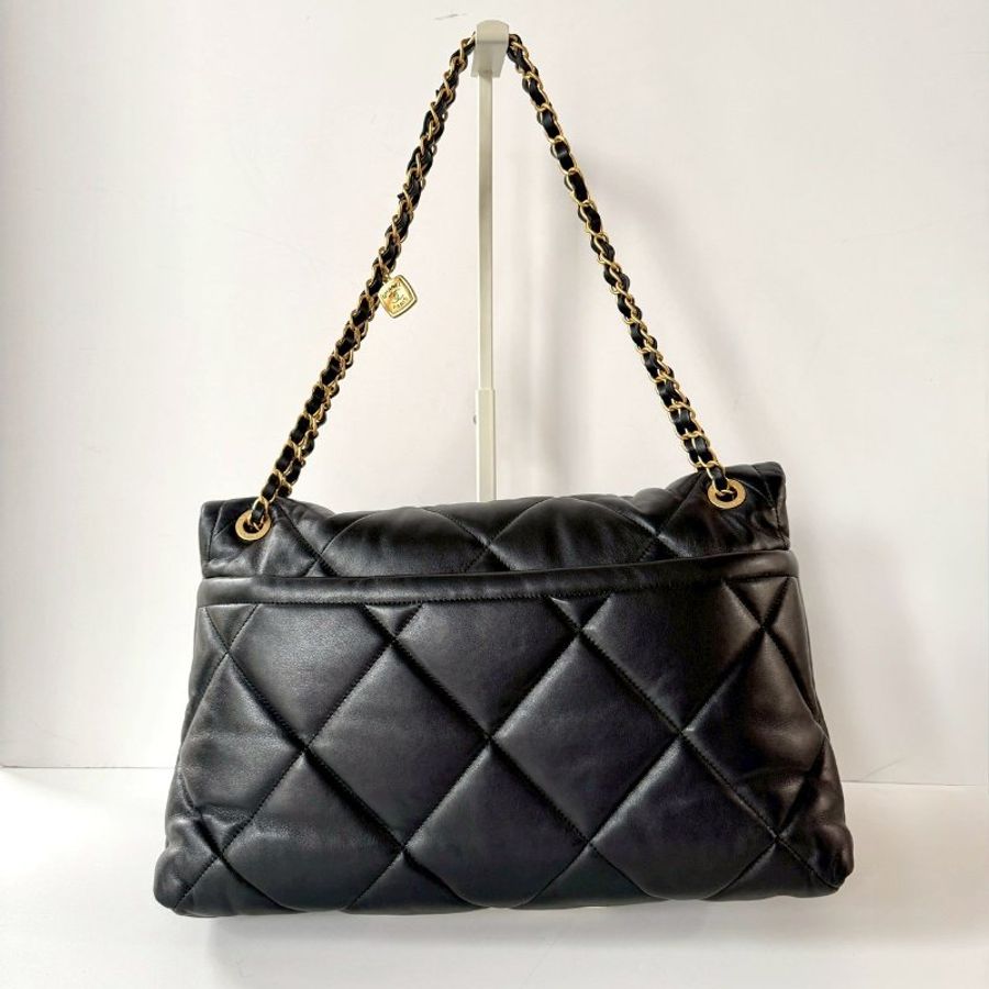 CHANEL 25k 黑色 金鏈 小羊皮 雙口袋 菱格紋 大型 HOBO 肩背包 AS5727-1
