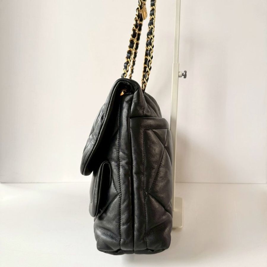 CHANEL 25k 黑色 金鏈 小羊皮 雙口袋 菱格紋 大型 HOBO 肩背包 AS5727-2