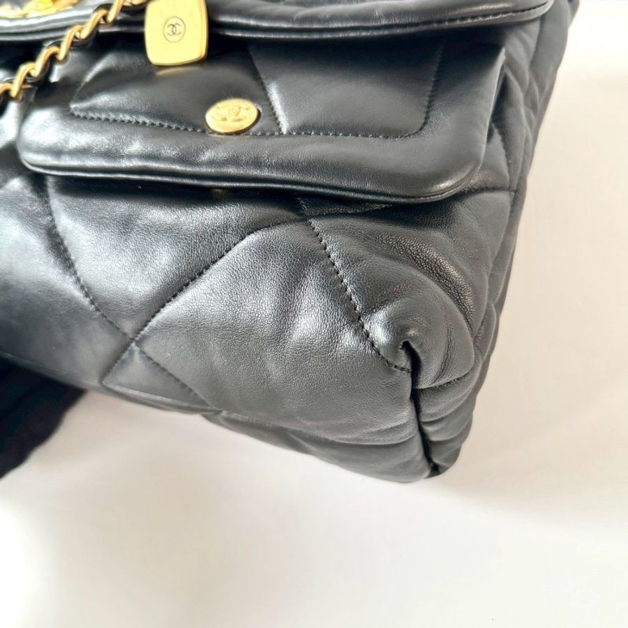 CHANEL 25k 黑色 金鏈 小羊皮 雙口袋 菱格紋 大型 HOBO 肩背包 AS5727-3