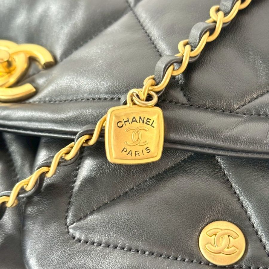 CHANEL 25k 黑色 金鏈 小羊皮 雙口袋 菱格紋 大型 HOBO 肩背包 AS5727-4