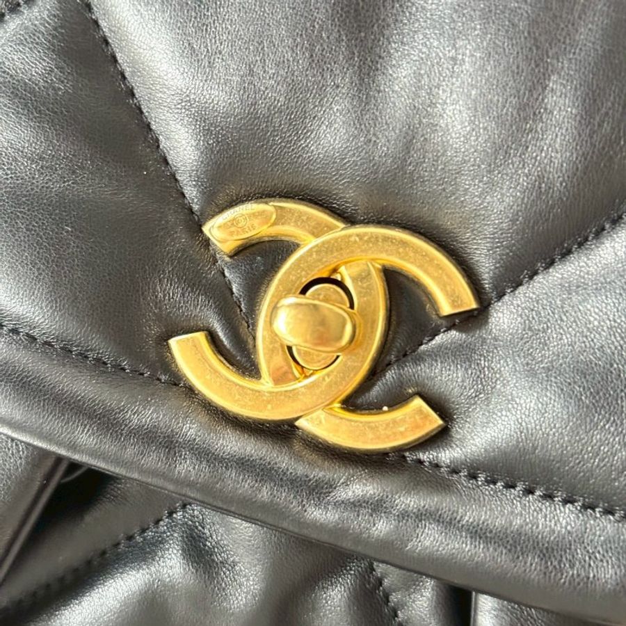 CHANEL 25k 黑色 金鏈 小羊皮 雙口袋 菱格紋 大型 HOBO 肩背包 AS5727-5