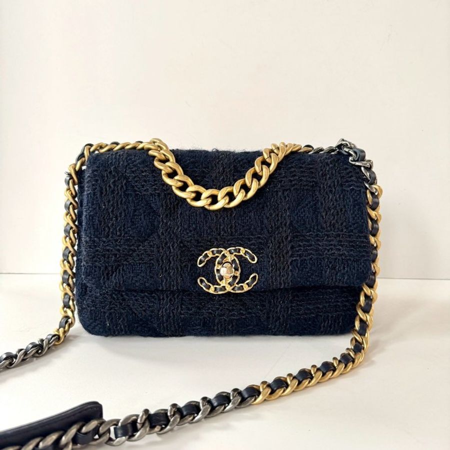 CHANEL 19系列 藍色 毛呢 保卡款 手提 斜挎 小號 口蓋包 AS1160-0