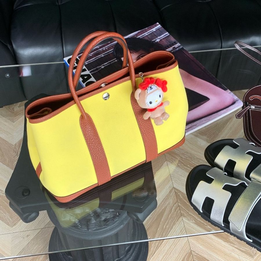 Hermès/愛馬仕 黃棕拼接銀扣花園包30-0