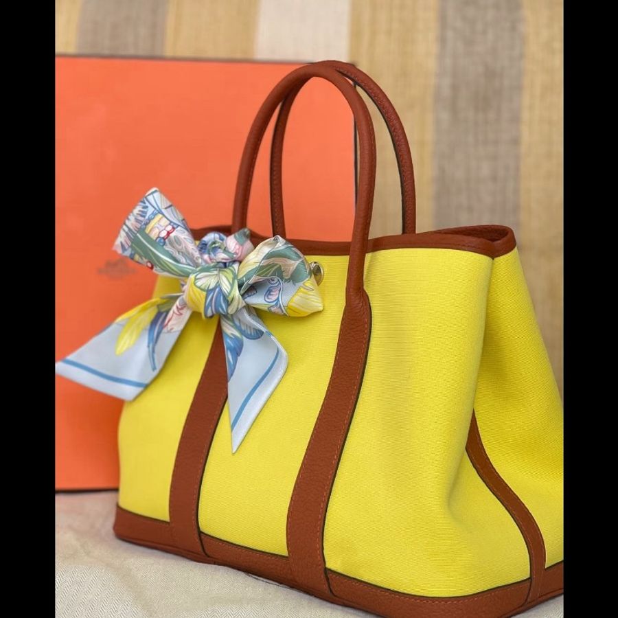 Hermès/愛馬仕 黃棕拼接銀扣花園包30-1