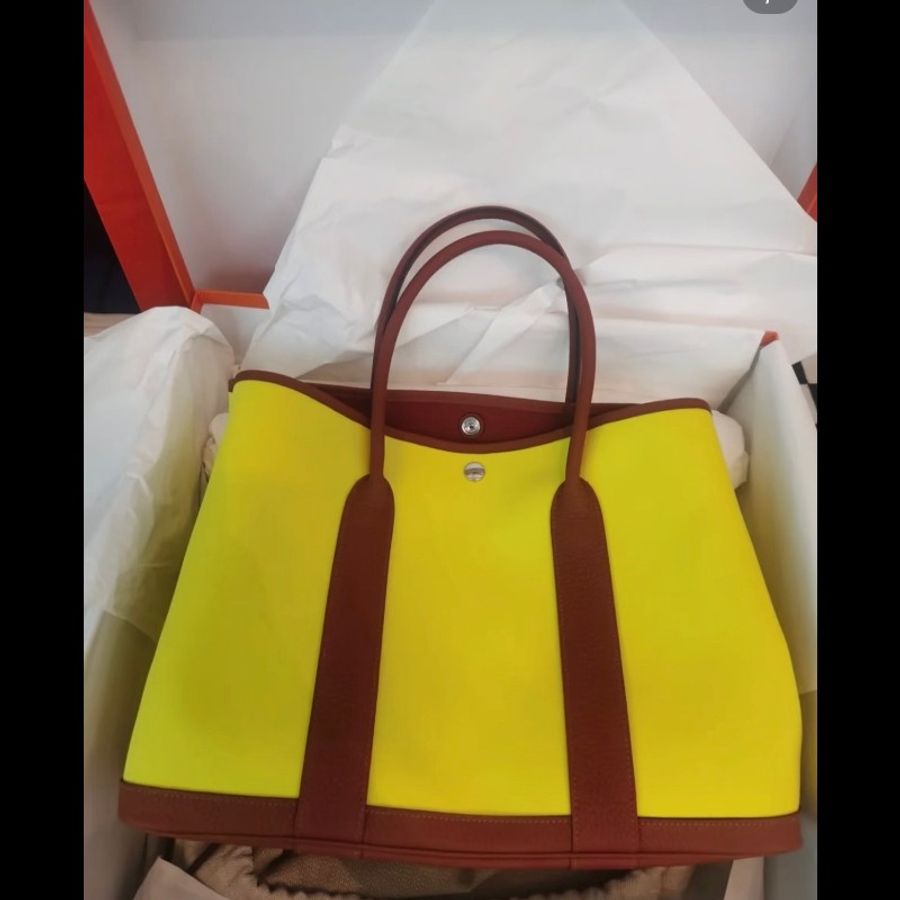 Hermès/愛馬仕 黃棕拼接銀扣花園包30-2