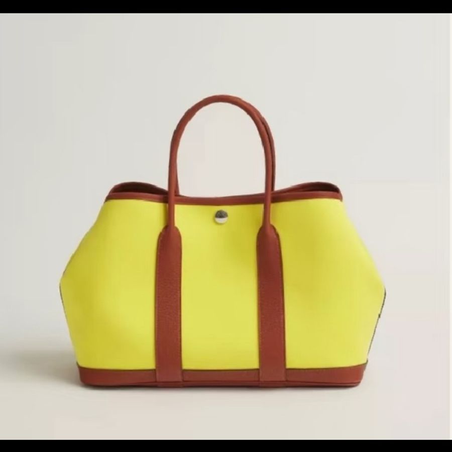 Hermès/愛馬仕 黃棕拼接銀扣花園包30-3