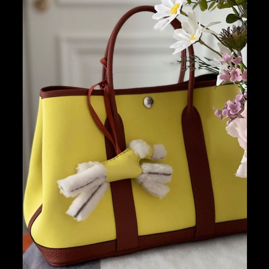 Hermès/愛馬仕 黃棕拼接銀扣花園包30-4
