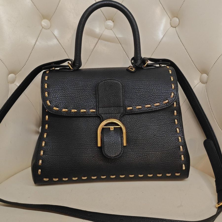 德爾沃/Delvaux Brilliant 黑金蛇骨鏈外縫鑲邊全皮款手提肩挎包 尺寸:30*20*15-0
