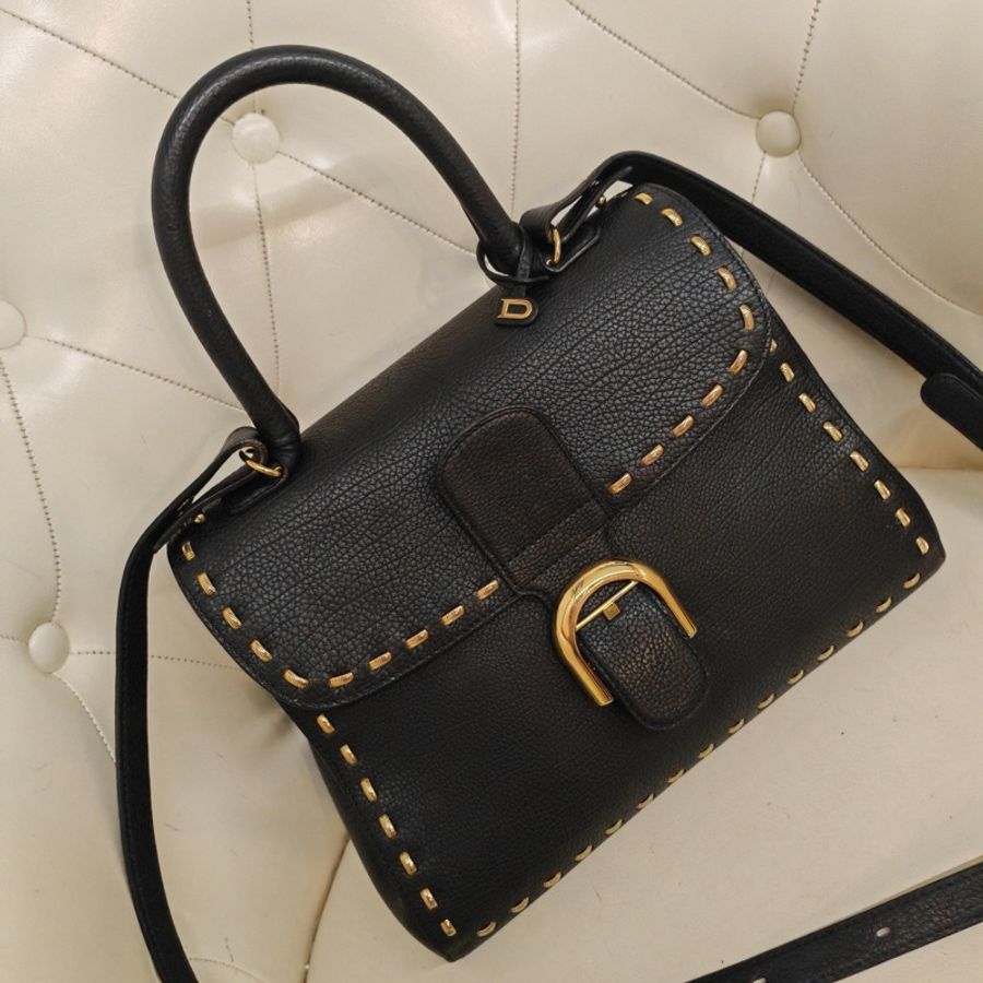 德爾沃/Delvaux Brilliant 黑金蛇骨鏈外縫鑲邊全皮款手提肩挎包 尺寸:30*20*15-2