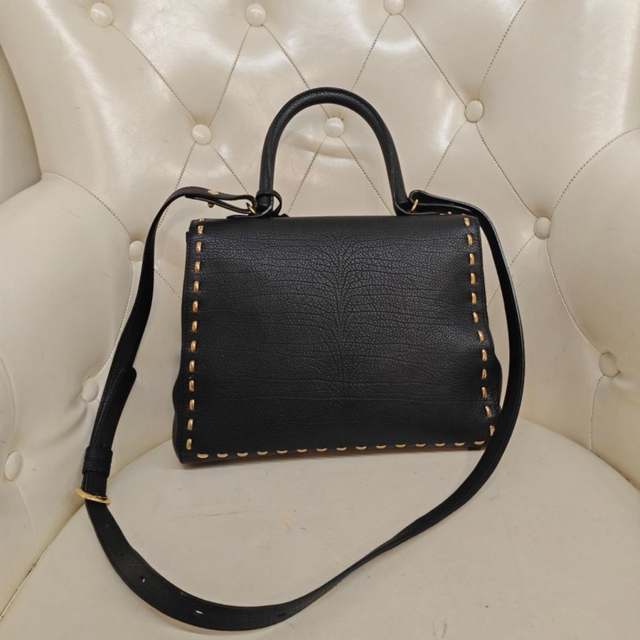 德爾沃/Delvaux Brilliant 黑金蛇骨鏈外縫鑲邊全皮款手提肩挎包 尺寸:30*20*15-4