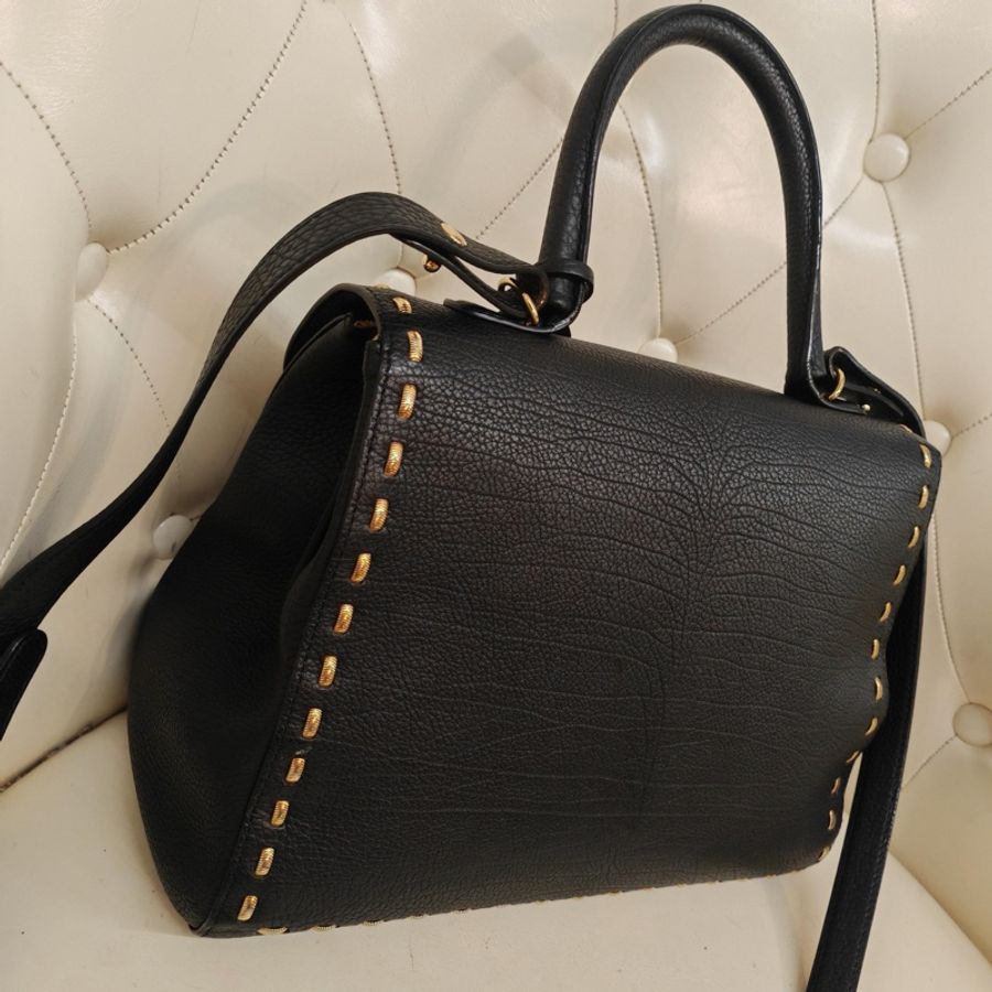 德爾沃/Delvaux Brilliant 黑金蛇骨鏈外縫鑲邊全皮款手提肩挎包 尺寸:30*20*15-5