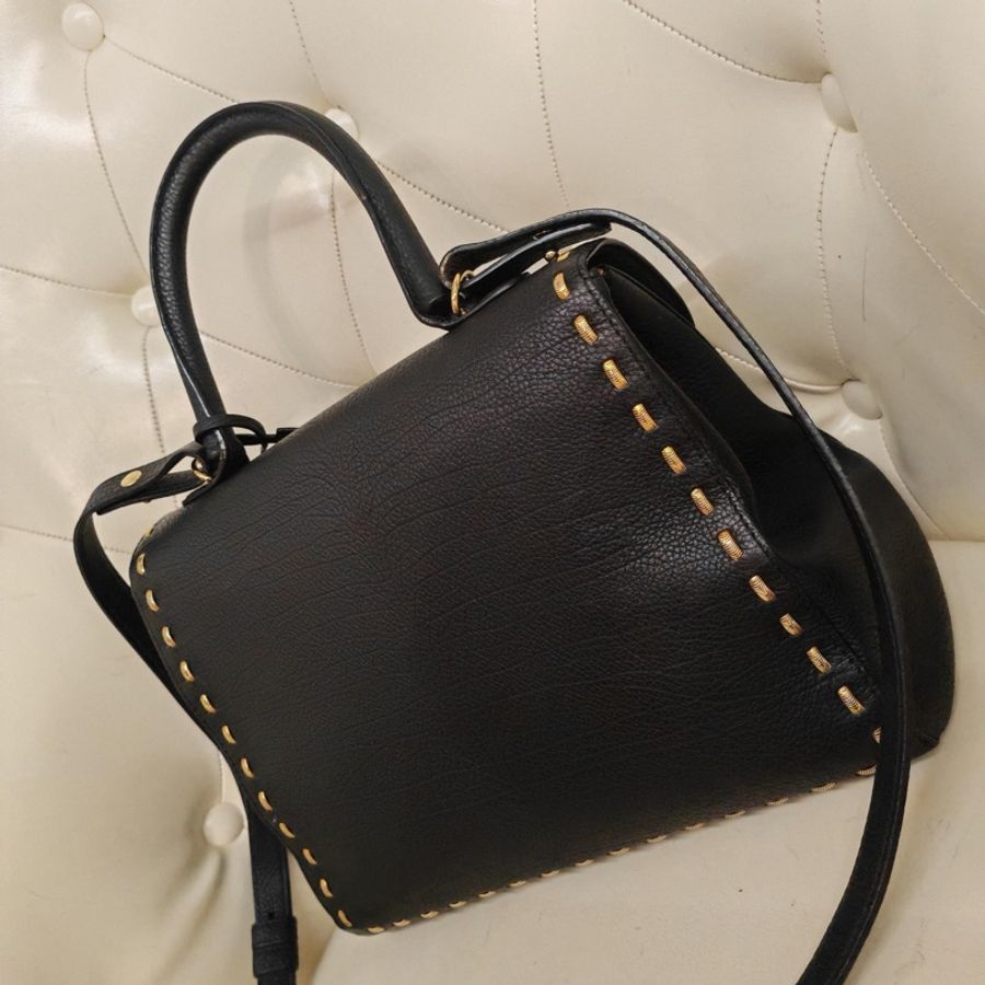 德爾沃/Delvaux Brilliant 黑金蛇骨鏈外縫鑲邊全皮款手提肩挎包 尺寸:30*20*15-6