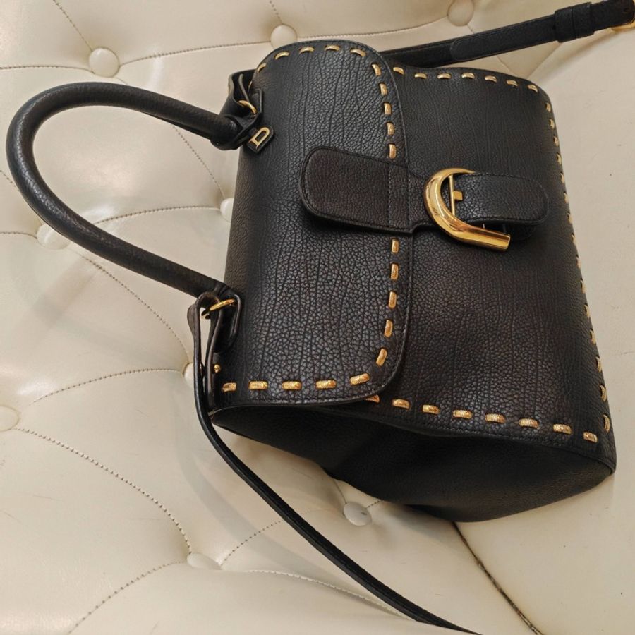德爾沃/Delvaux Brilliant 黑金蛇骨鏈外縫鑲邊全皮款手提肩挎包 尺寸:30*20*15-9