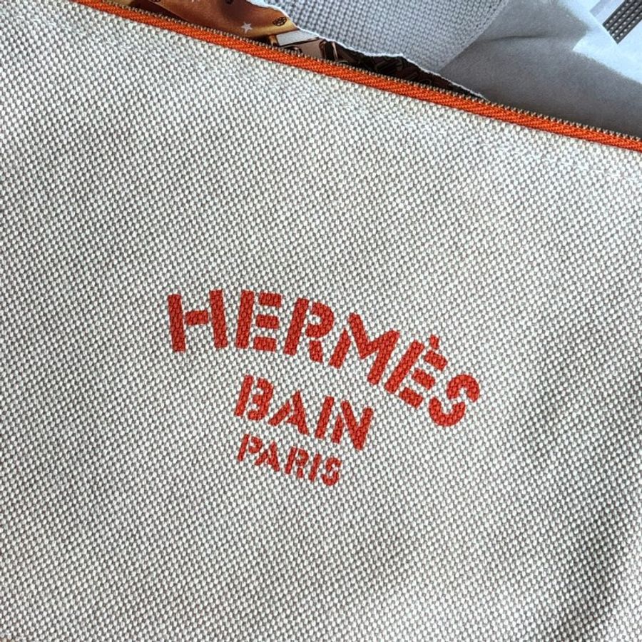 ::Hermès:: Bain New Yachting case 化妝包橘色拼接 皮革拉鍊頭 棉麻帆布收納包 小袋-1
