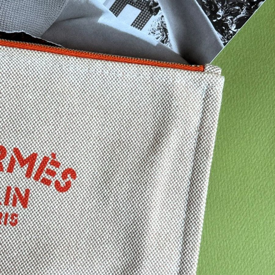 ::Hermès:: Bain New Yachting case 化妝包橘色拼接 皮革拉鍊頭 棉麻帆布收納包 小袋-3