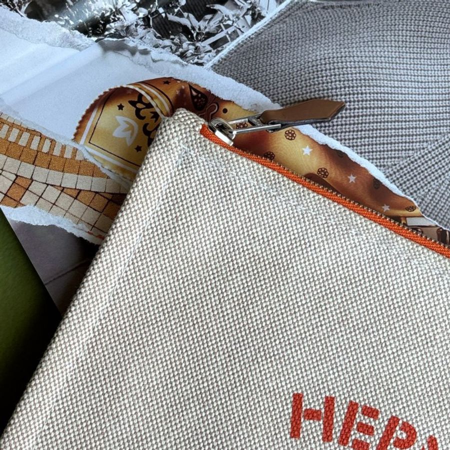 ::Hermès:: Bain New Yachting case 化妝包橘色拼接 皮革拉鍊頭 棉麻帆布收納包 小袋-6