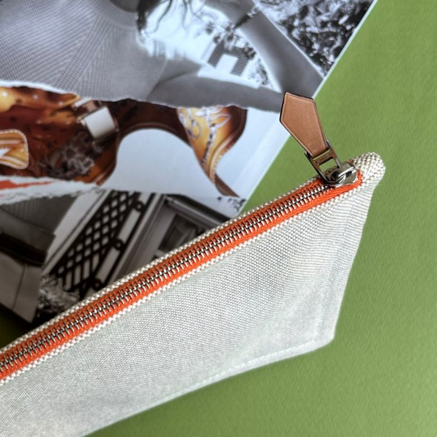 ::Hermès:: Bain New Yachting case 化妝包橘色拼接 皮革拉鍊頭 棉麻帆布收納包 小袋-12