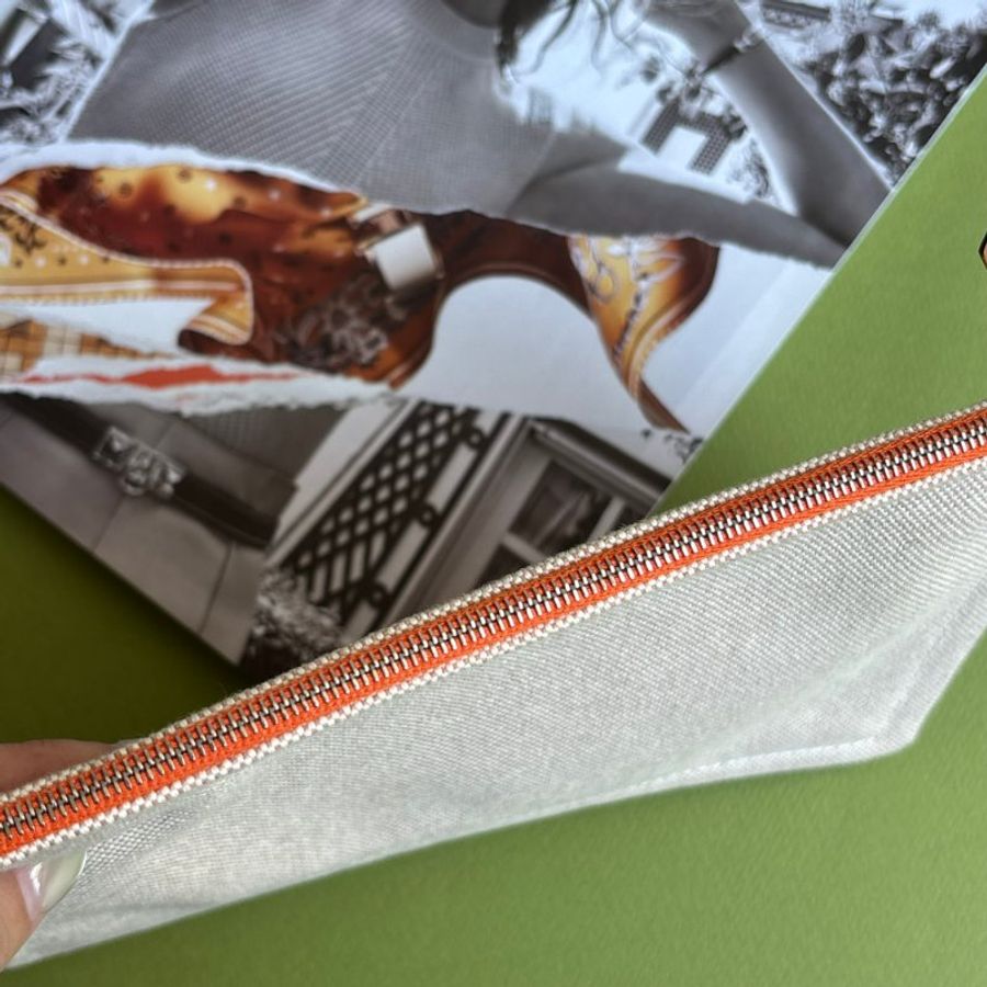 ::Hermès:: Bain New Yachting case 化妝包橘色拼接 皮革拉鍊頭 棉麻帆布收納包 小袋-13