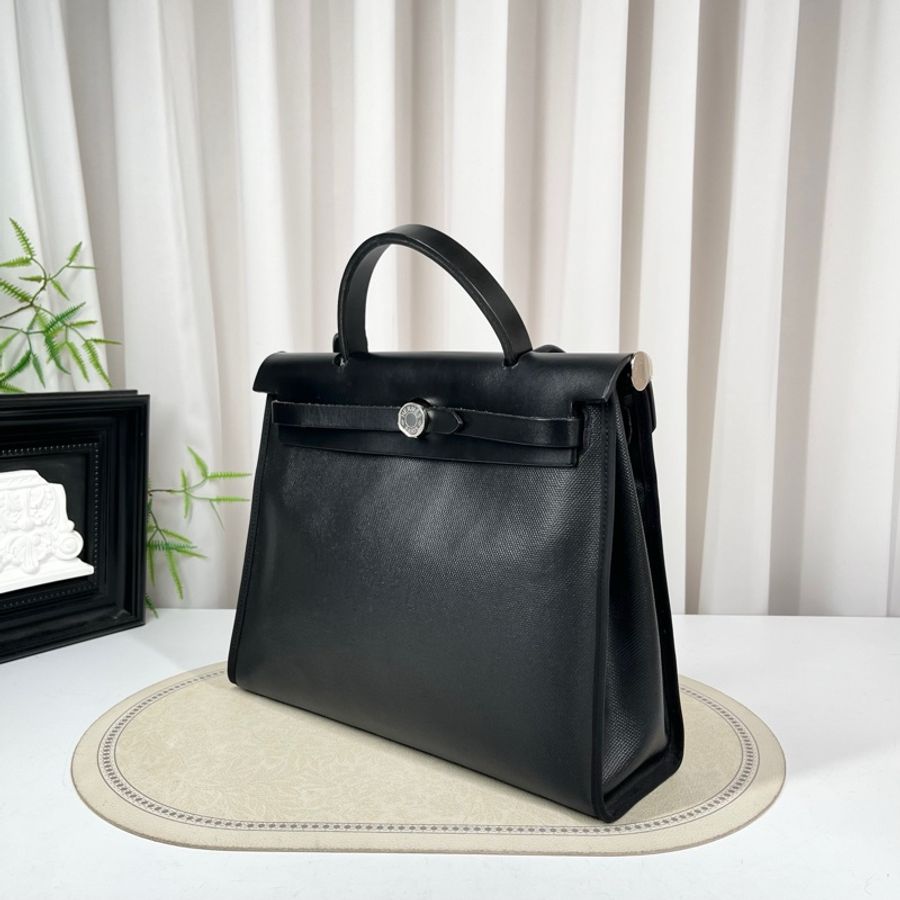 HERMES愛馬仕 U刻 herbag31 黑銀防水布款 子母袋-3