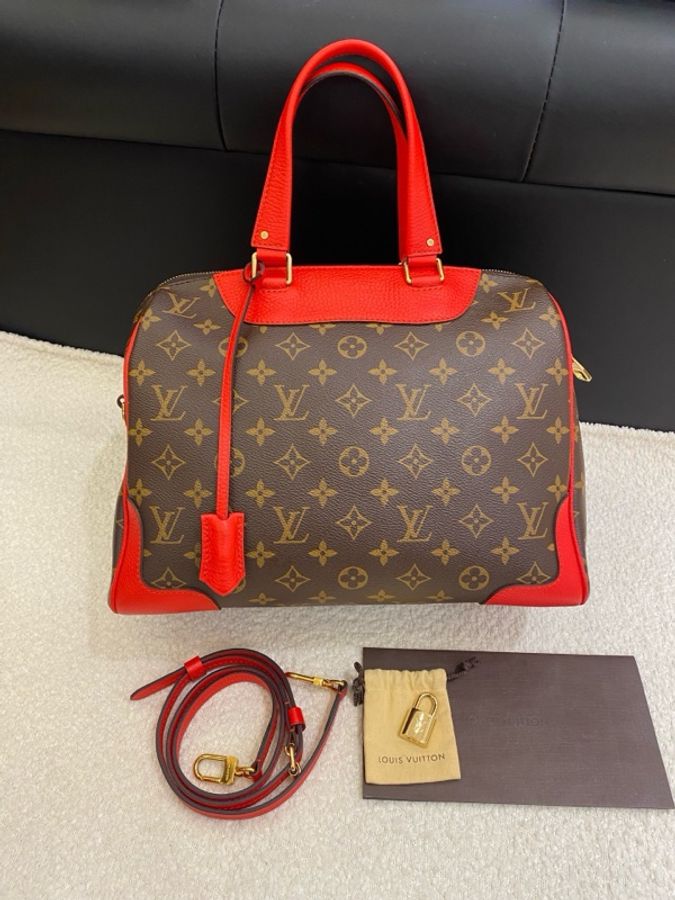 99新Louis Vuitton 路易威登 老花拼紅色Retiro手提包，尺寸31*15*22 配件塵袋 肩帶 鎖 鑰匙-0