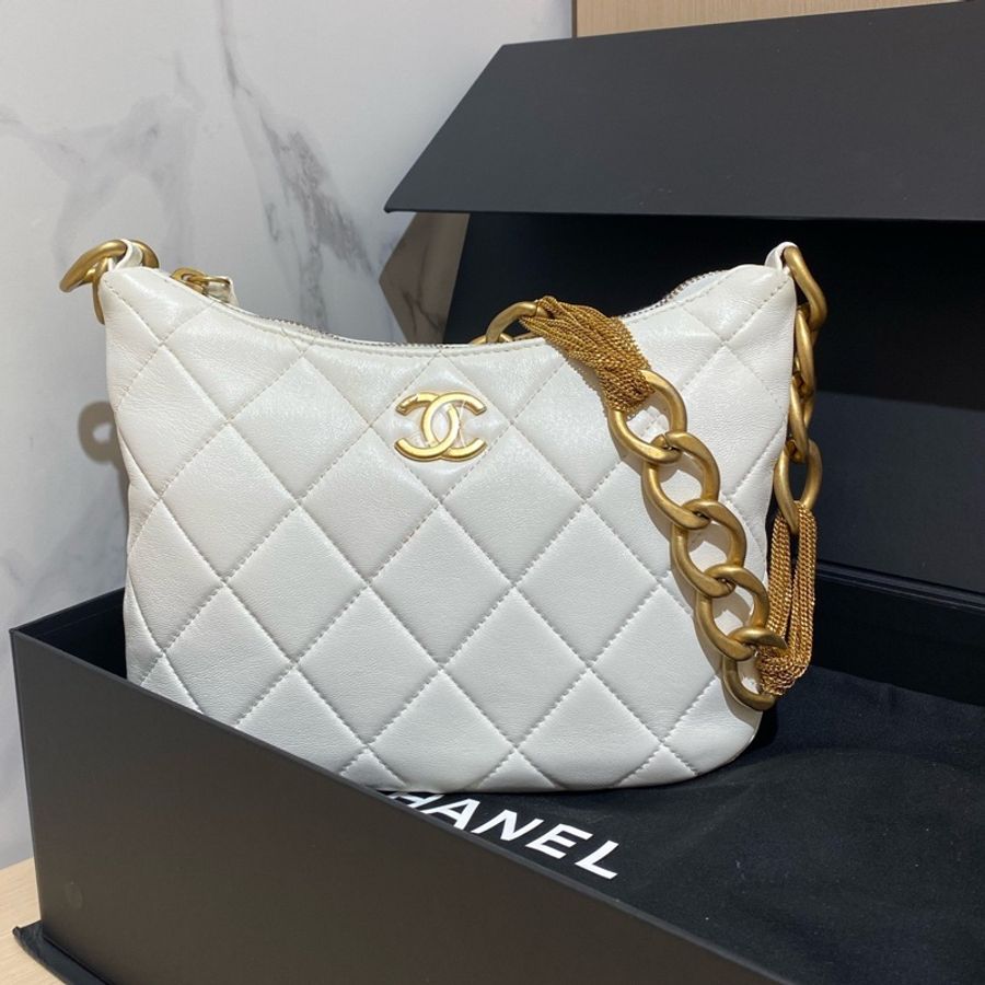 CHANEL香奈兒白金流蘇金屬鏈條單肩hobo包 芯片款 尺寸:21*16*5-0