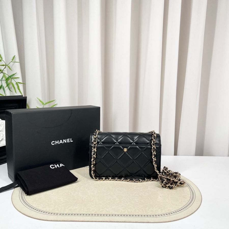 Chanel香奈兒 98新 22年芯片 22C黑金羊皮琺瑯粗鏈條woc包-1