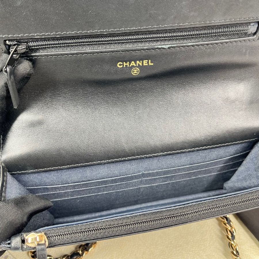 Chanel香奈兒 98新 22年芯片 22C黑金羊皮琺瑯粗鏈條woc包-5