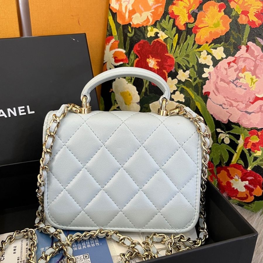 CHANEL香奈兒 21k 鏈條翻蓋 皮穿鏈 菱格 羊皮 口蓋包手提單肩斜挎包 迷你 Baby Blue天藍色 31開-1